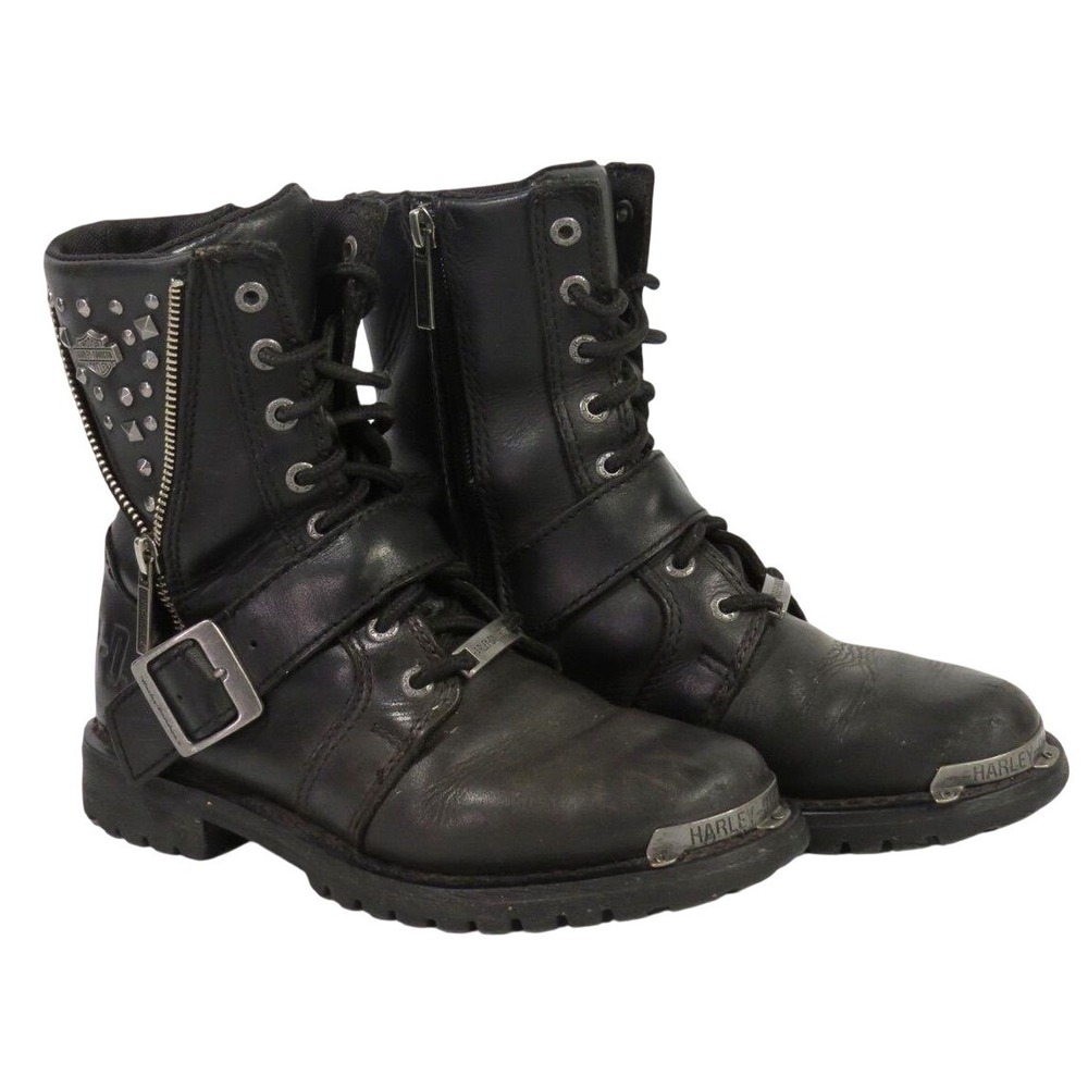 Harley-Davidson Womens Black Leather Studded Biker Boots 5.5 M D87051 Zip Buckle